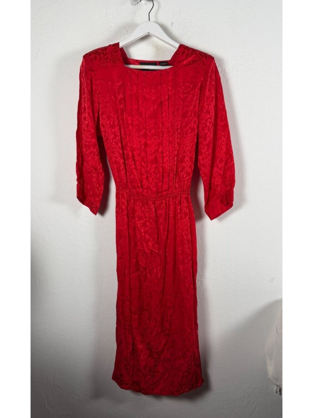 Vintage 80s 90s Nilani Silk Red Floral Jacquard Pleated Secretary Midi Dress 12